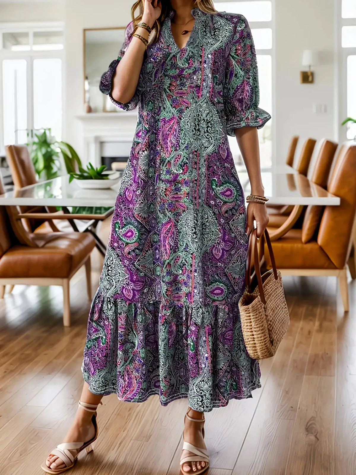 Bohemian paisley print plus-size purple-green midi dress with ruffle hem