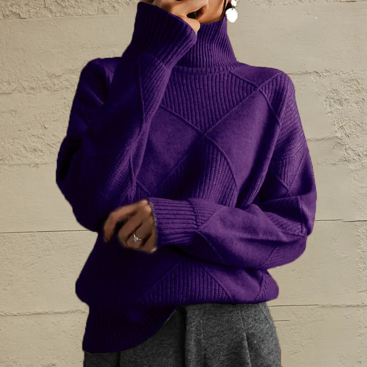 Geometric turtleneck long-sleeve knit sweater in purple by Trendsi