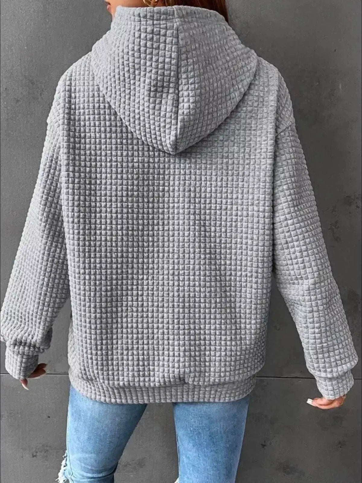 Full Size Textured Kangaroo Pocket Hoodie Plus Size, gray, back view.
