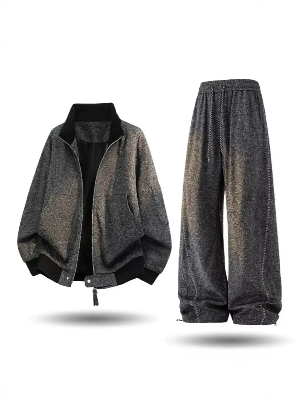 Trendsi men's plus-size tracksuit set in gray textured fabric with bomber jacket and drawstring pants