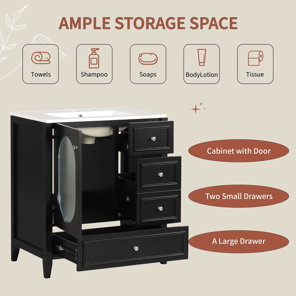 30" Bathroom Vanity with Sink, Bathroom Vanity Cabinet with Three Drawers and Door by eprolo