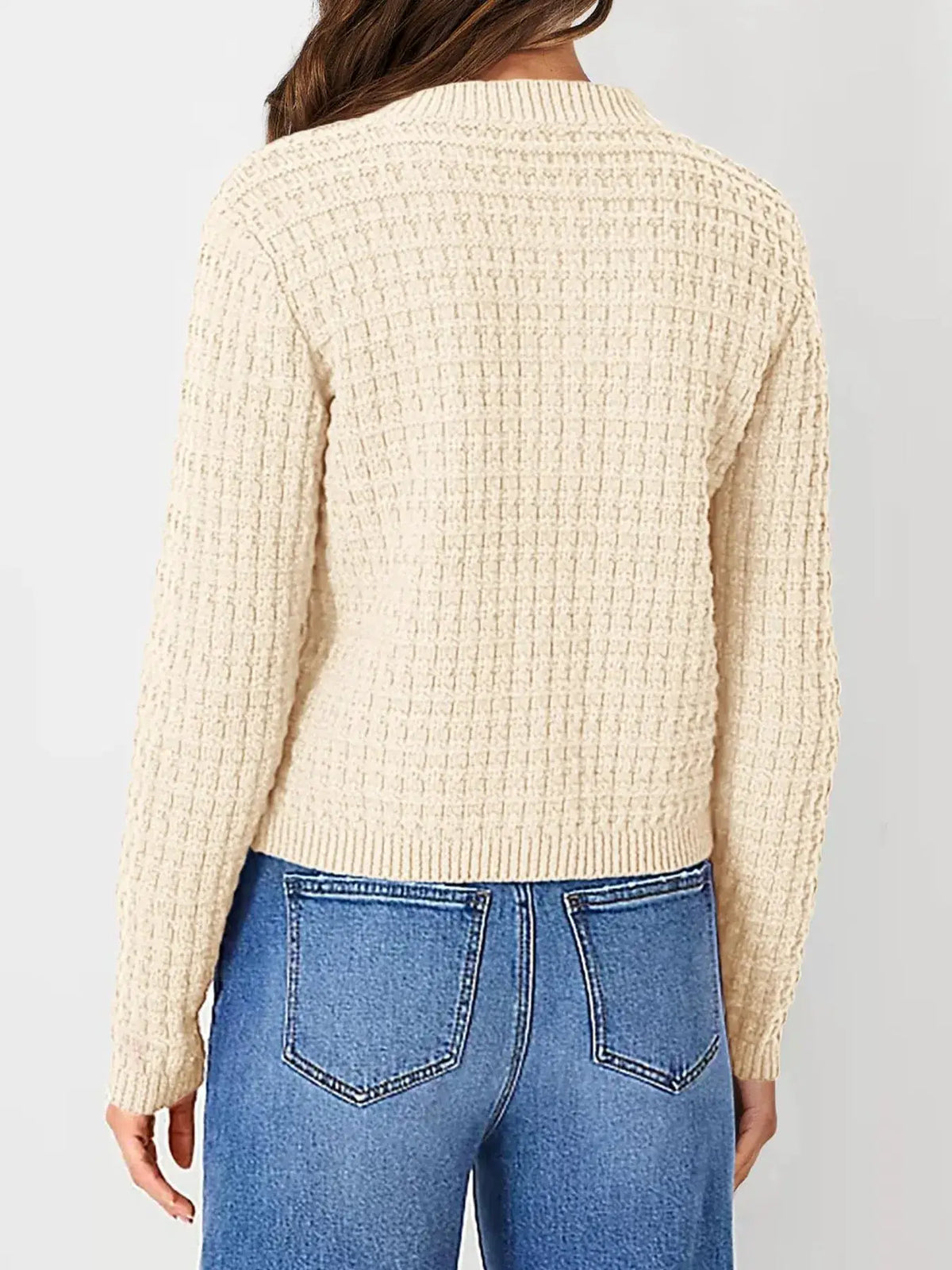 Trendsi Textured Stretchy Knit Button-Front Cardigan in beige; back view with ribbed hem