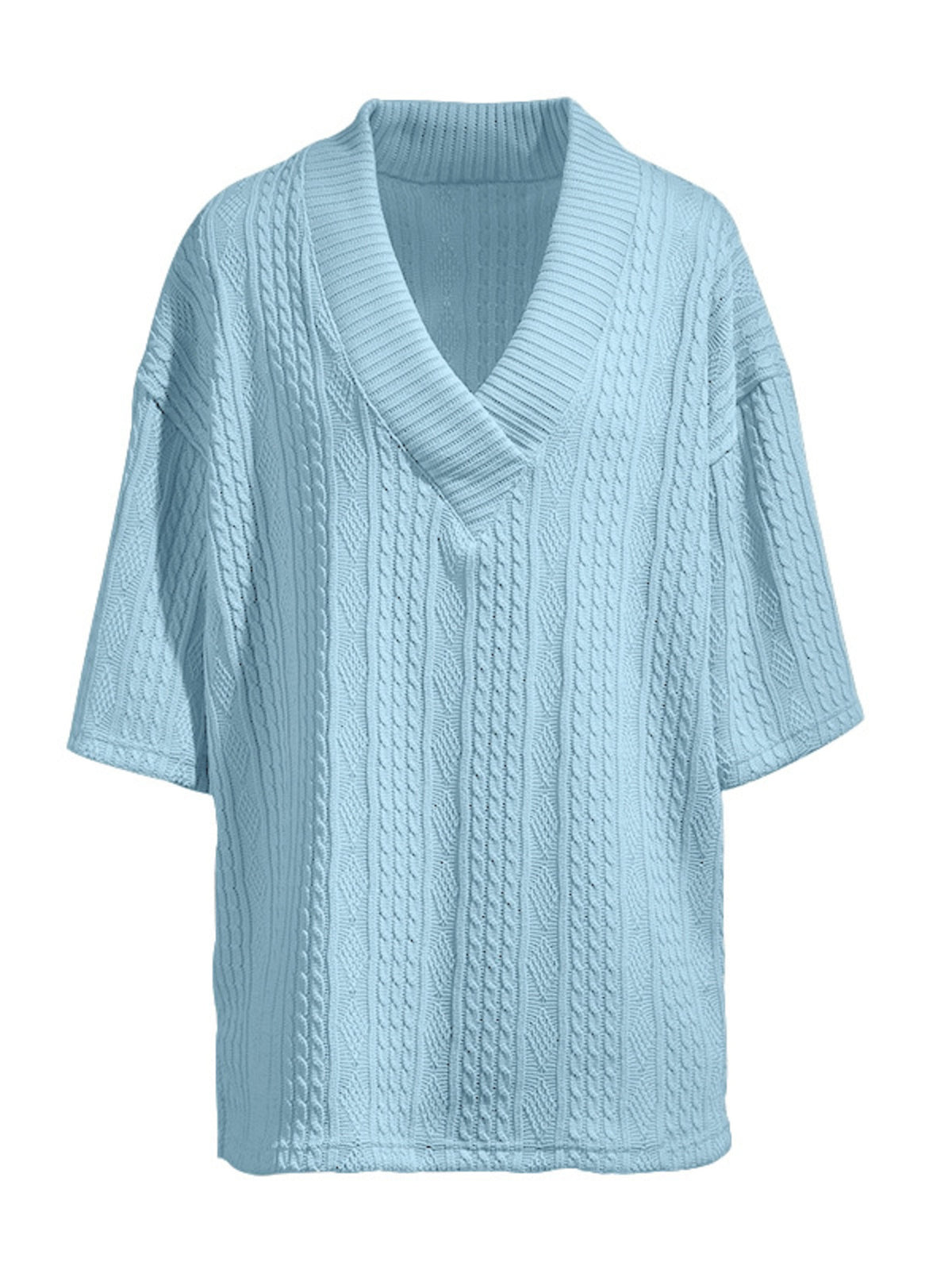 Men's blue knit V-neck short-sleeve top with cable-knit pattern