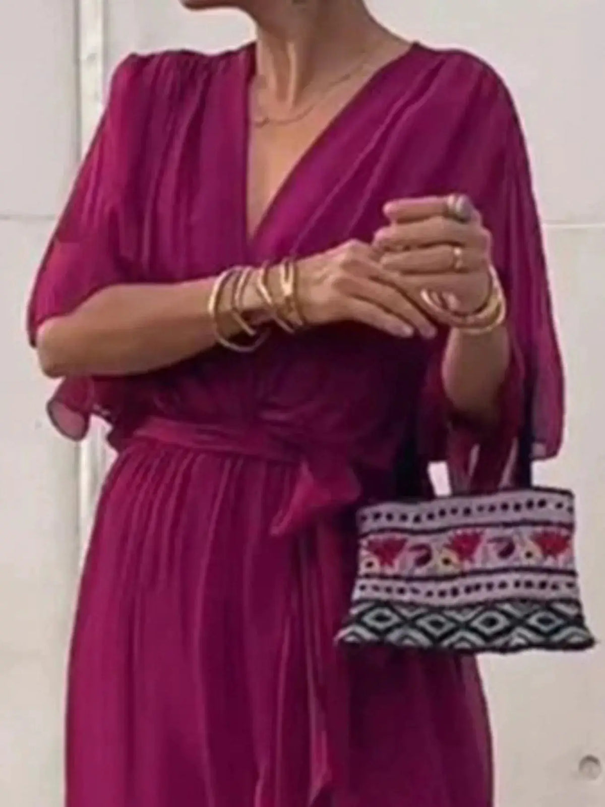 Dress by Trendsi; plus-size magenta flowy tie-front midi with flutter sleeves