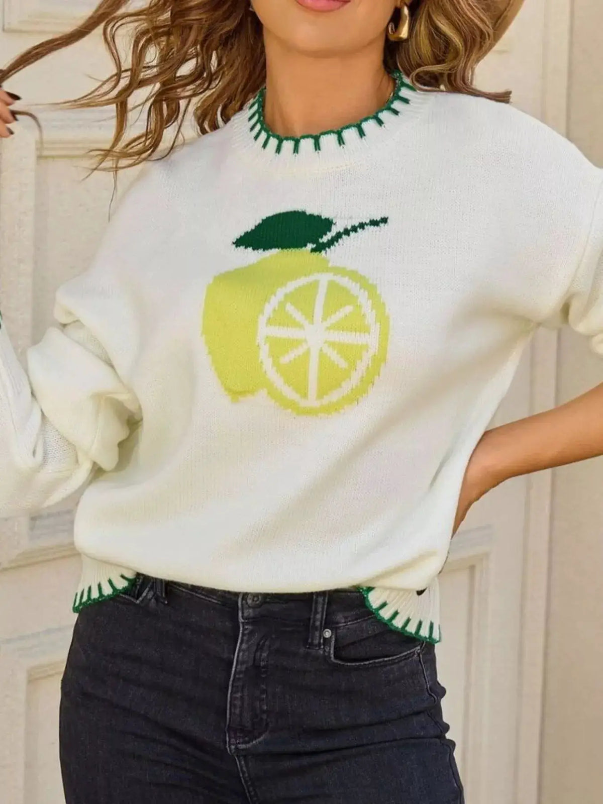 Warm Lemon Round Neck Sweater, white knit with lemon graphic and green trim, Trendsi