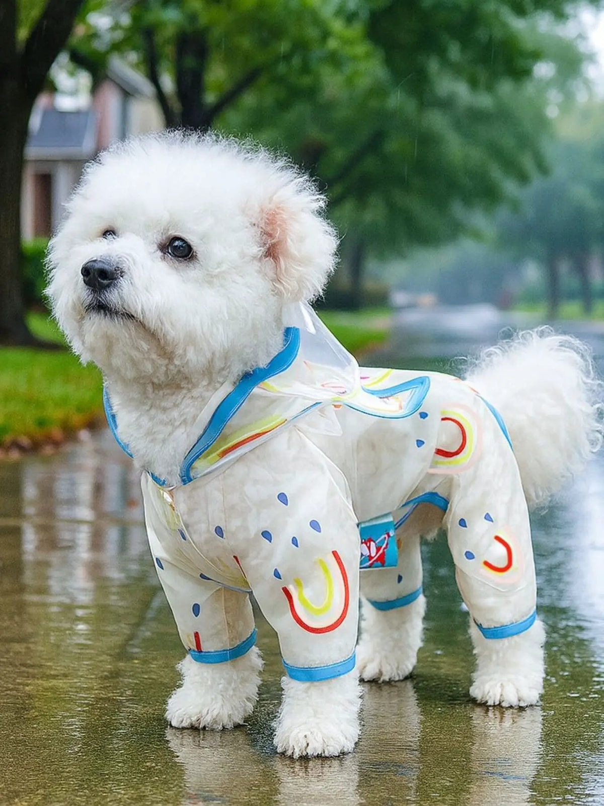 Lightweight Waterproof Pet Raincoat by Trendsi; white fluffy dog wearing a coat with blue trim in the rain.
