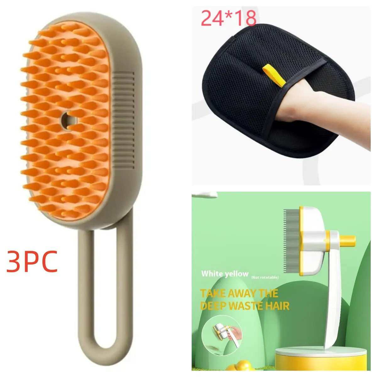 3-piece pet grooming brush set: orange-bristled massage brush, black grooming glove, and white-yellow comb brush