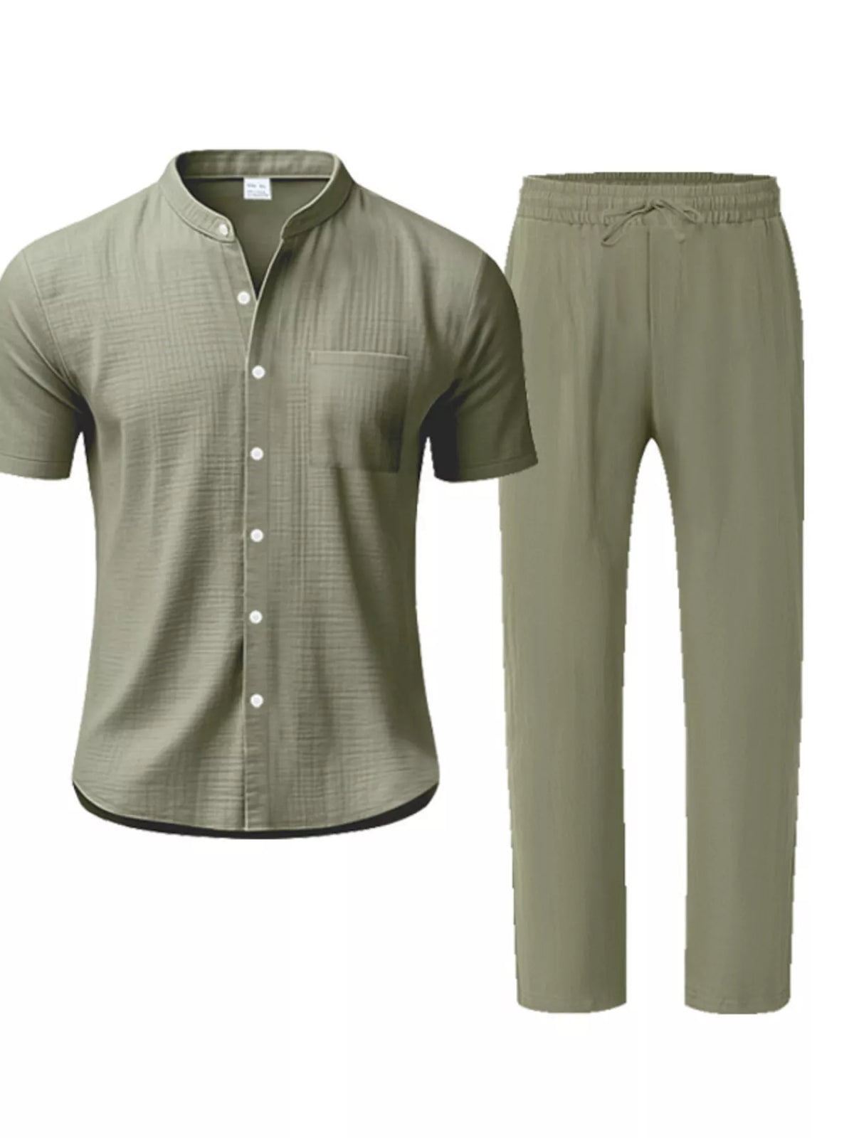 Men's plus-size olive short-sleeve button-up shirt and matching pants set, lightweight Trendsi.