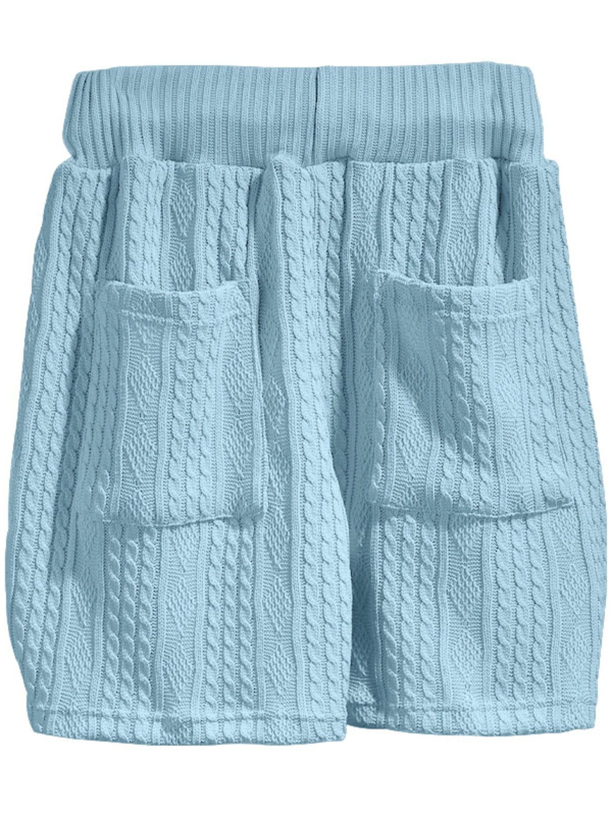 Men's plus-size knit V-neck short-sleeve top and shorts set in light blue cable-knit fabric by Trendsi.