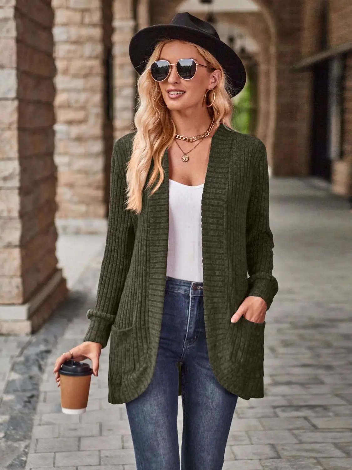 Stretchy ribbed open-front cardigan in olive green with deep side pockets for women