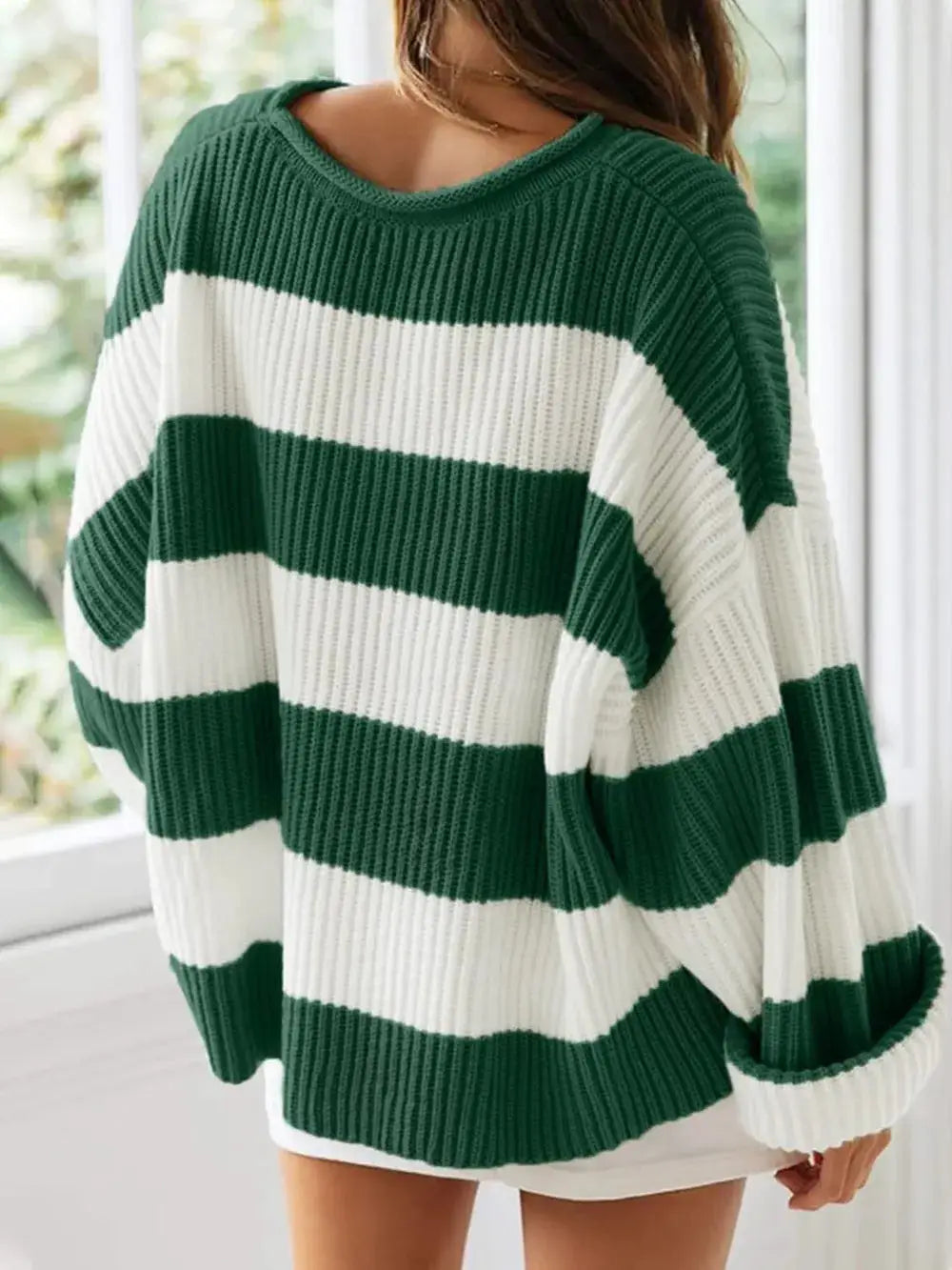 Essential round-neck knit sweater in green and white stripes, oversized fit