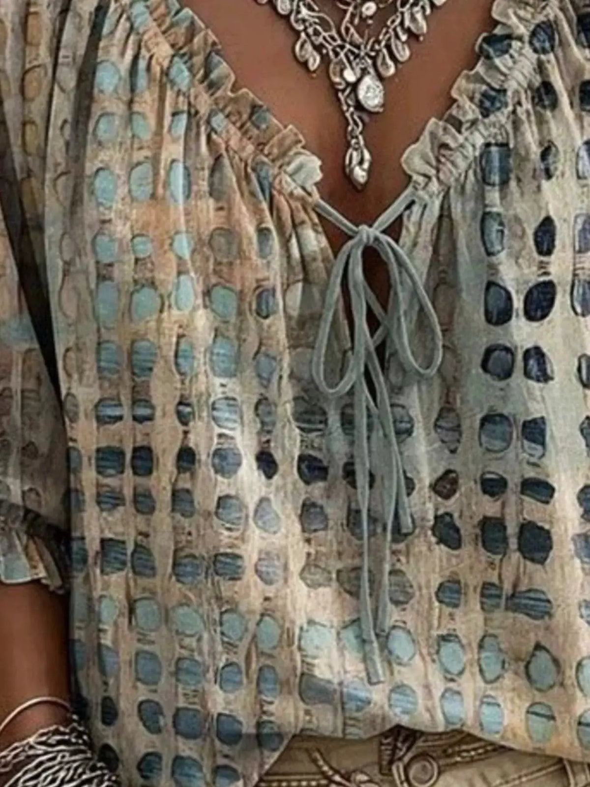 Trendsi plus-size tie-neck blouse, beige with light-blue dot print, 3/4 sleeves, front tie.
