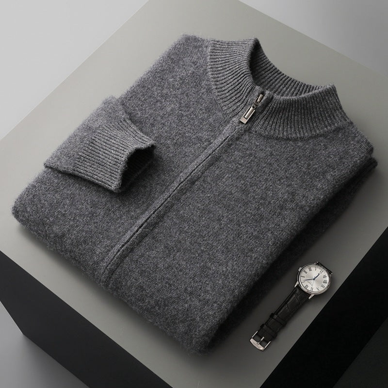 Men's grey 100% Australian wool stand-collar zip cardigan