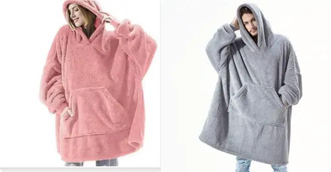 Hoodie sweatshirt by AdTec with a large front pocket, thick fleece wearable blanket in pink and gray (2 colors).