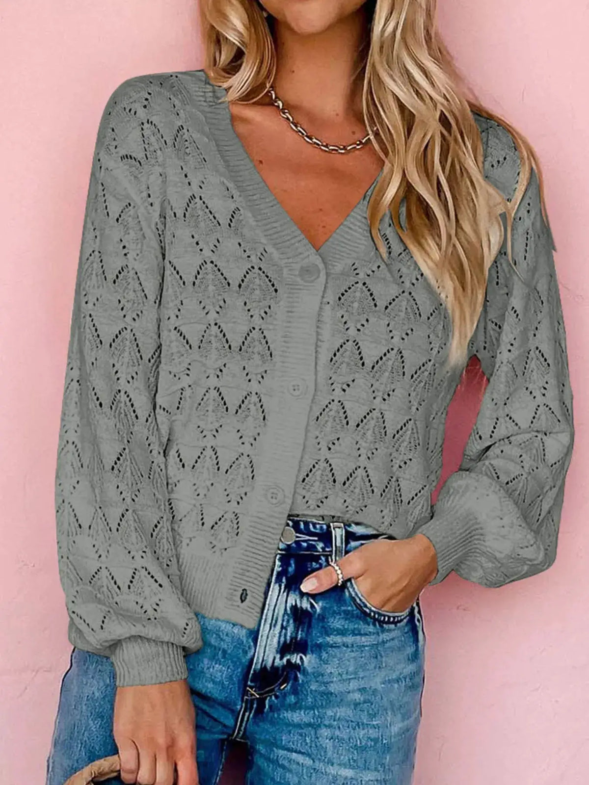 Button-front openwork cardigan in sage grey with textured stretch knit and ribbed cuffs.