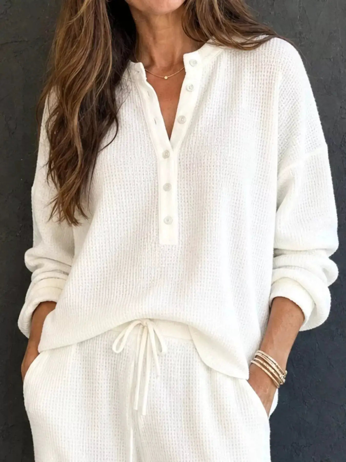 Waffle-knit Henley top and wide-leg pants set in white with button placket and drawstring waist