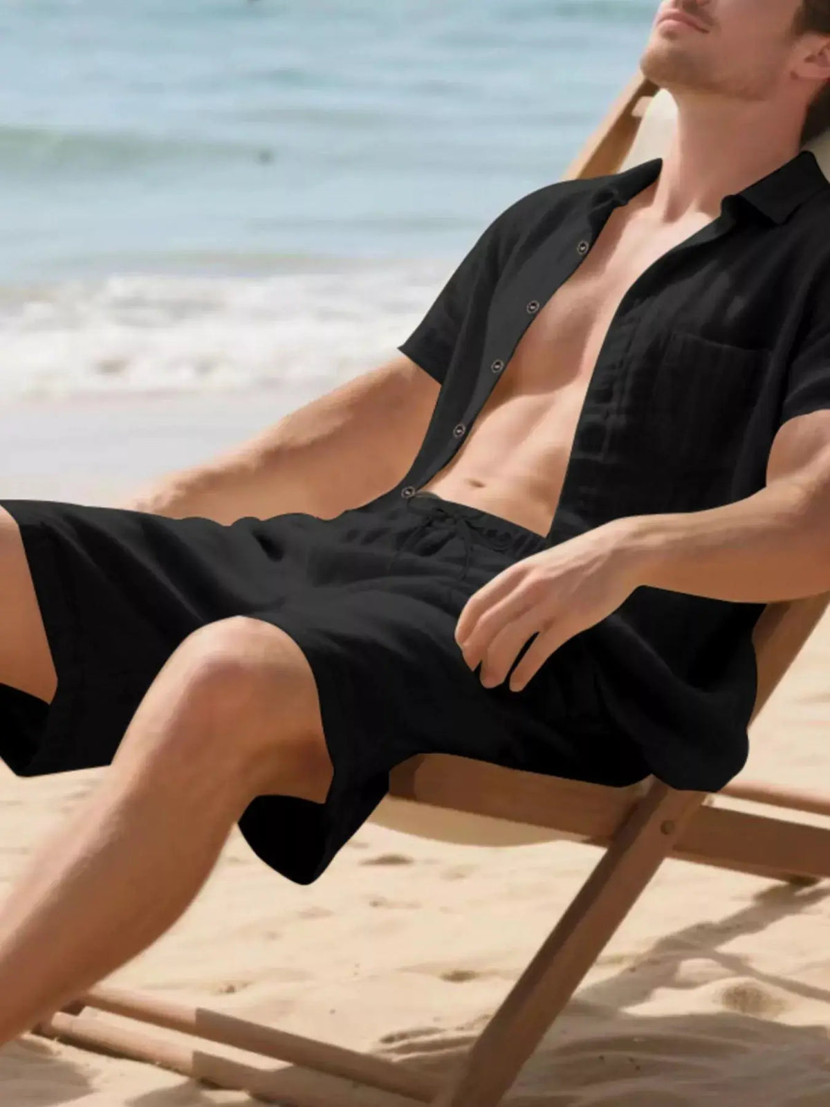 Mens plus-size casual button-up shirt and shorts two-piece set, black, by Trendsi