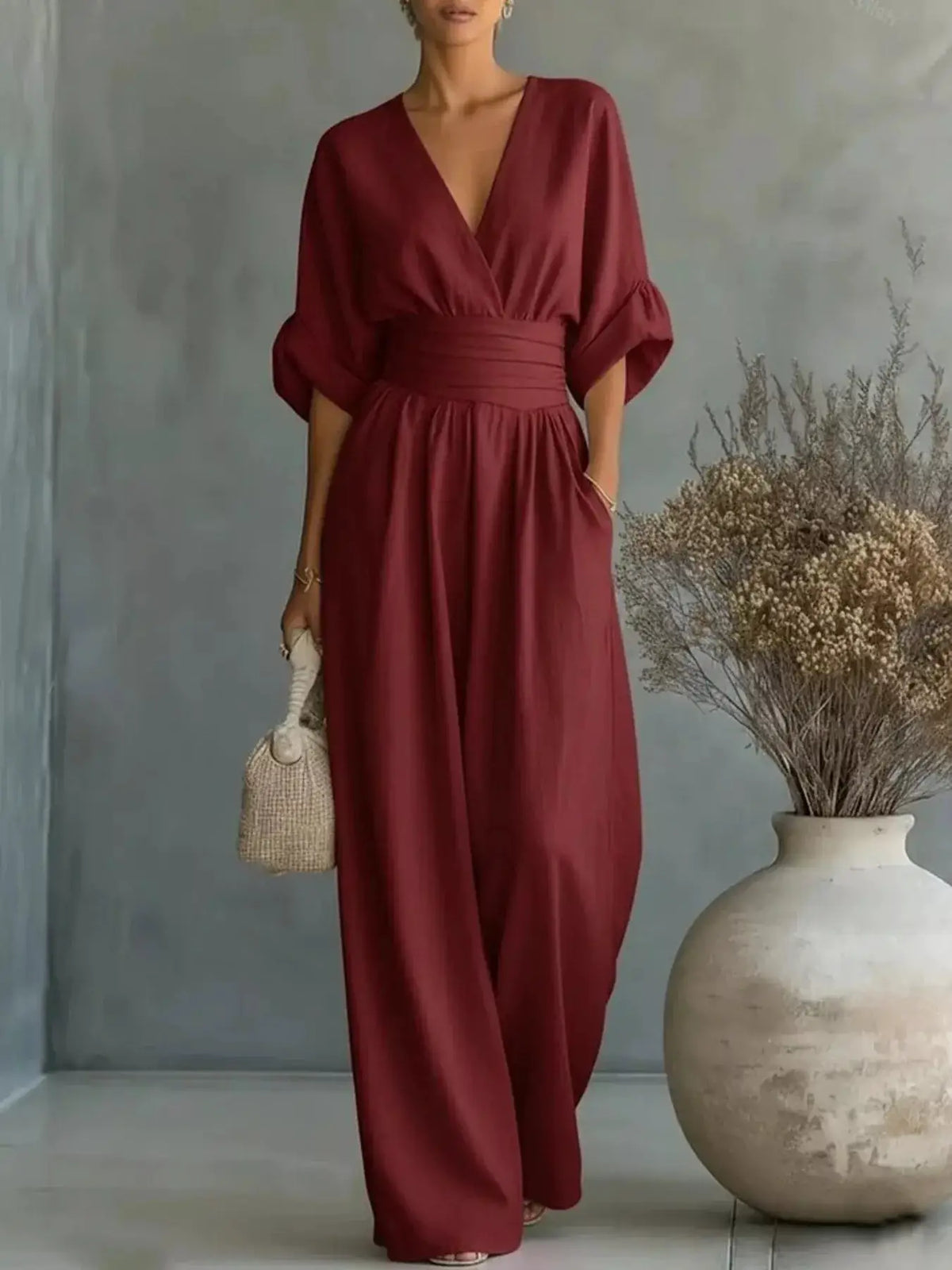 Jumpsuit by Trendsi in burgundy with V-neck wrap top and wide-leg pants, plus size