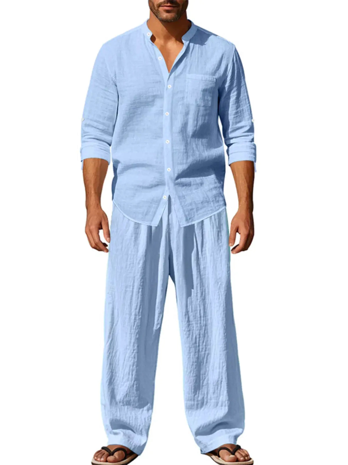 Men's casual linen-blend button-front shirt and pants set in light blue.