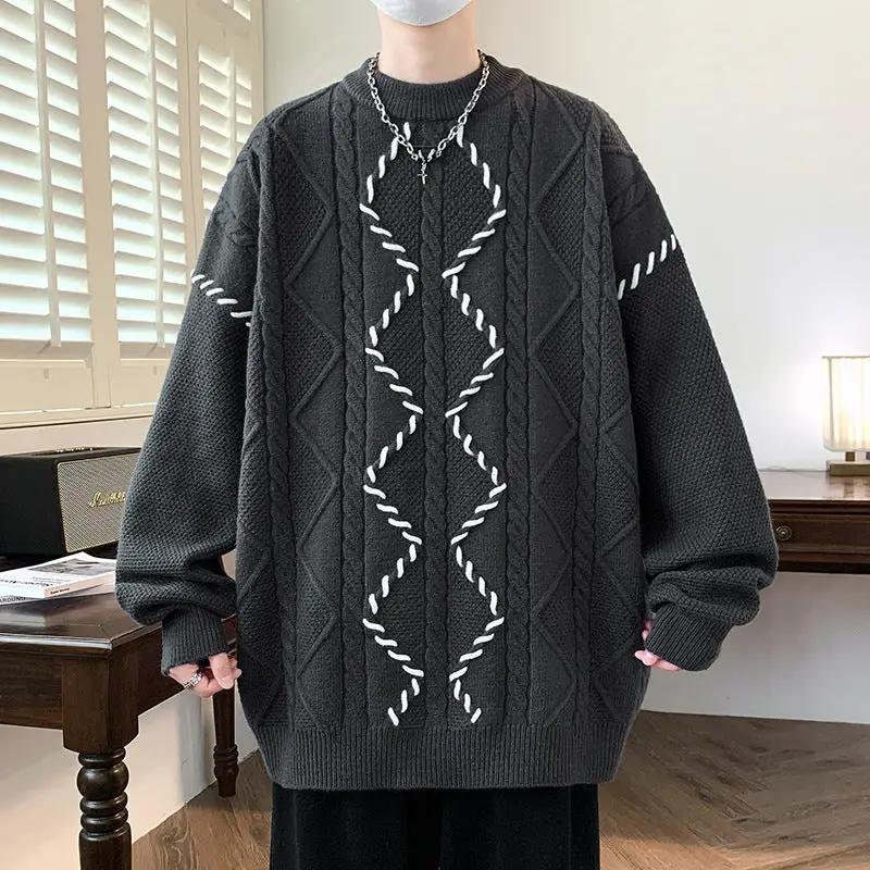 Mens Premium Cotton Blend Crewneck Sweater by eprolo, charcoal black oversized knit with white diamond pattern.
