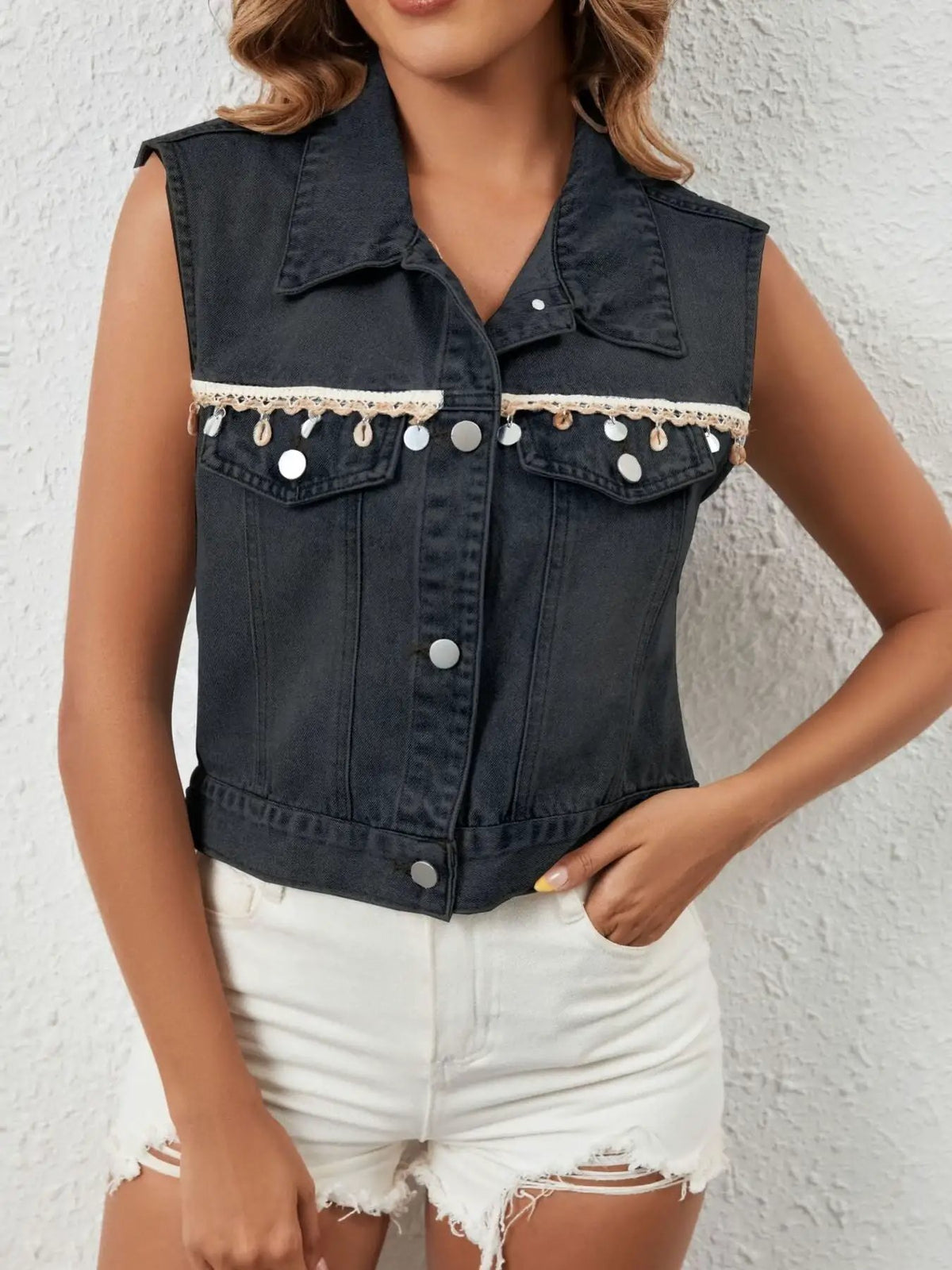 Trendsi black sleeveless rayon button-up layering top with shell bead trim and silver studs