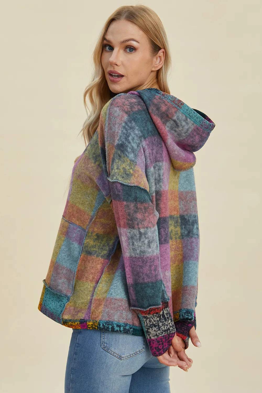 Fleece hoodie, plaid pattern, dropped-shoulder, plus size