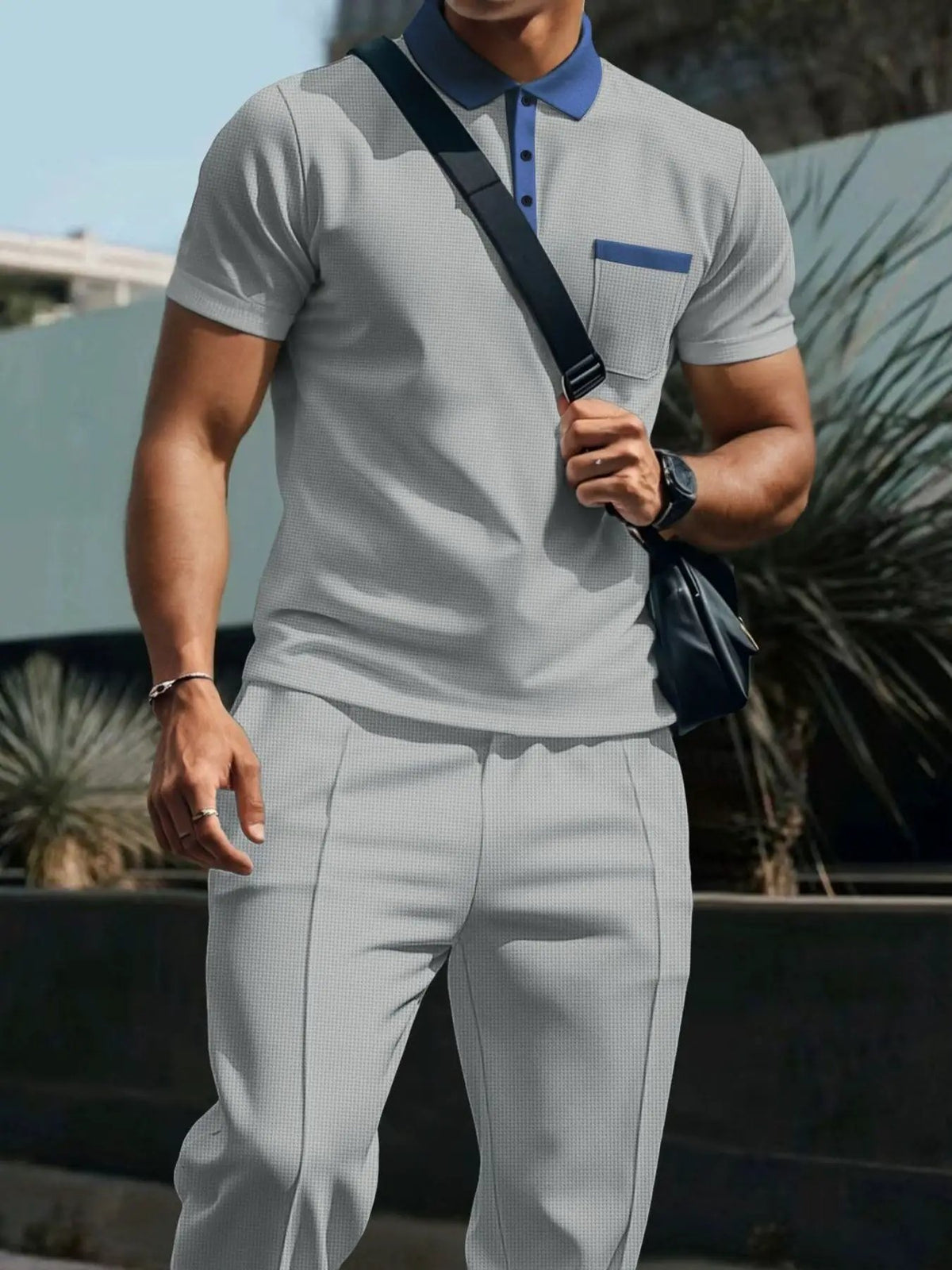 Men's matching short-sleeve polo and pants set in light gray, plus size, Trendsi