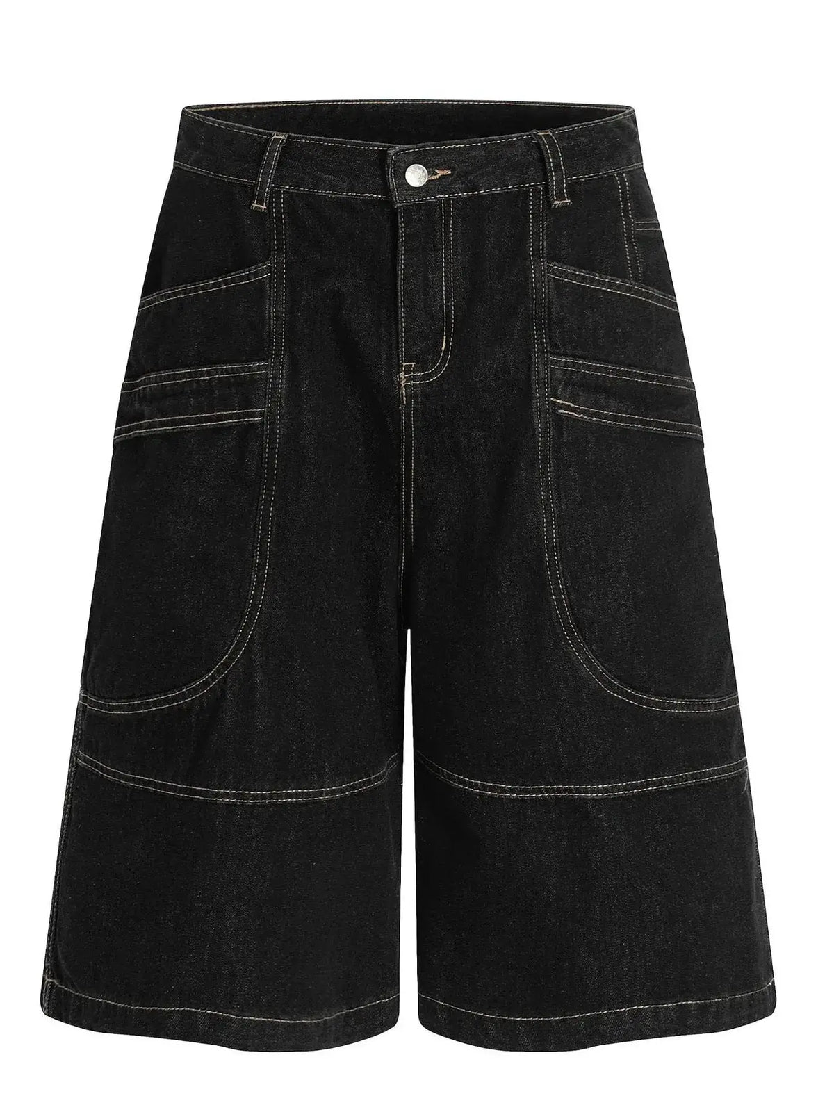Mens wide-leg black cotton denim shorts with white contrast stitching and front pockets