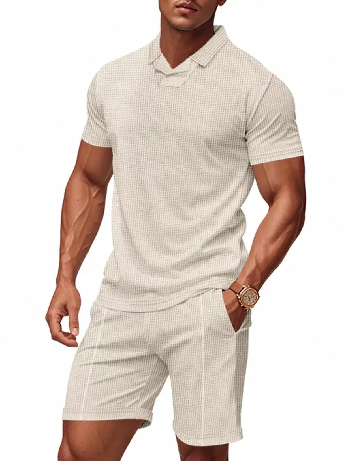 Men's casual short-sleeve polo and shorts set in beige check with pockets by Trendsi
