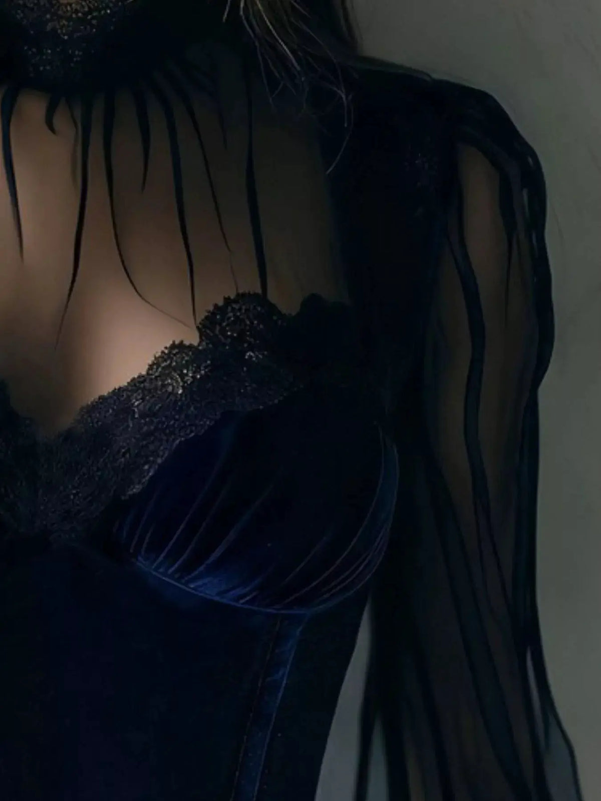 Lace Trim Velvet Sheer Sleeve Blouse in navy with sheer sleeves.