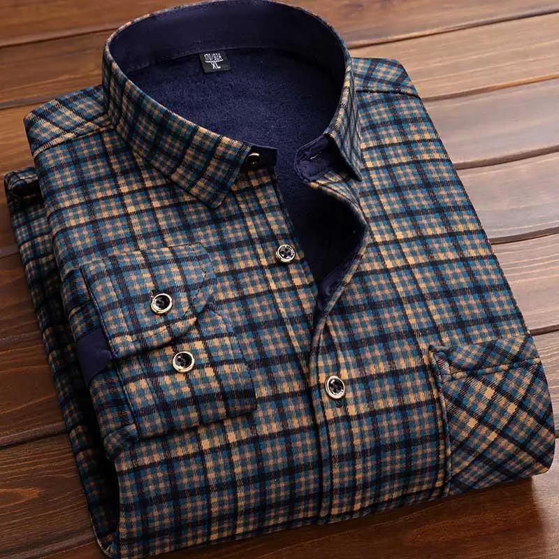 Mens fleece-lined plaid flannel shirt by AdTec, navy and tan check, button-down casual outerwear