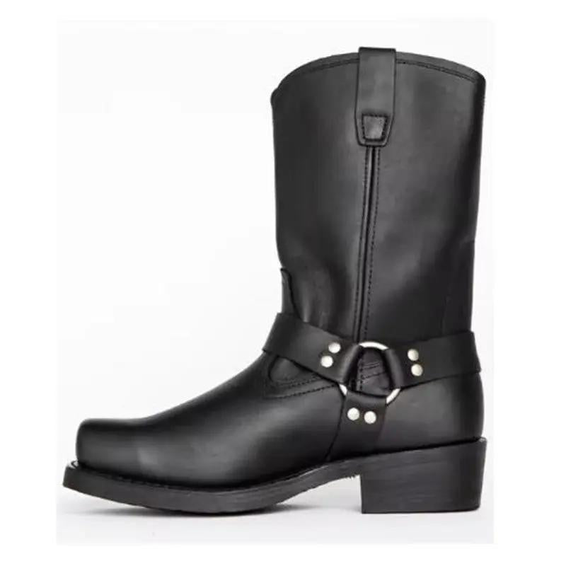 Vintage Men's Western Cowboy Boots by AdTec, black leather with ring-strap detail and genuine leather soles