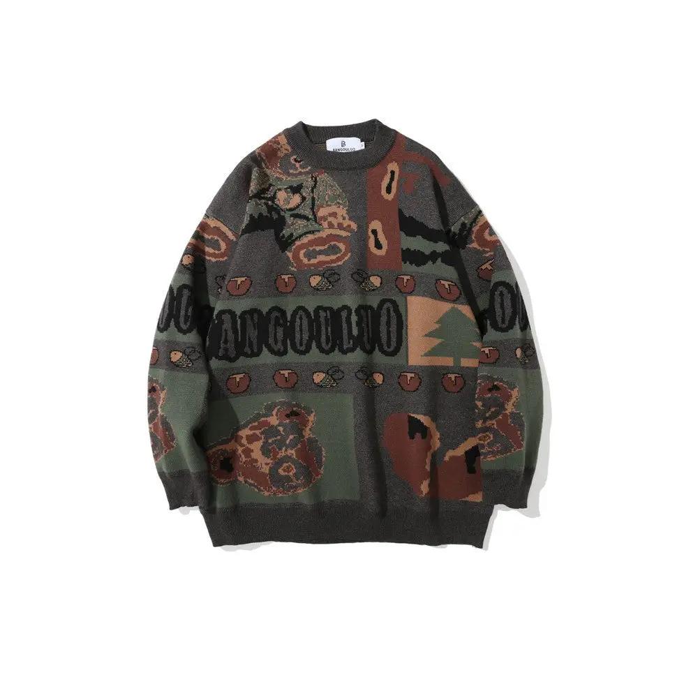 Men's retro color-block jacquard knit sweater by eprolo, cotton long sleeve camo in olive/brown/black