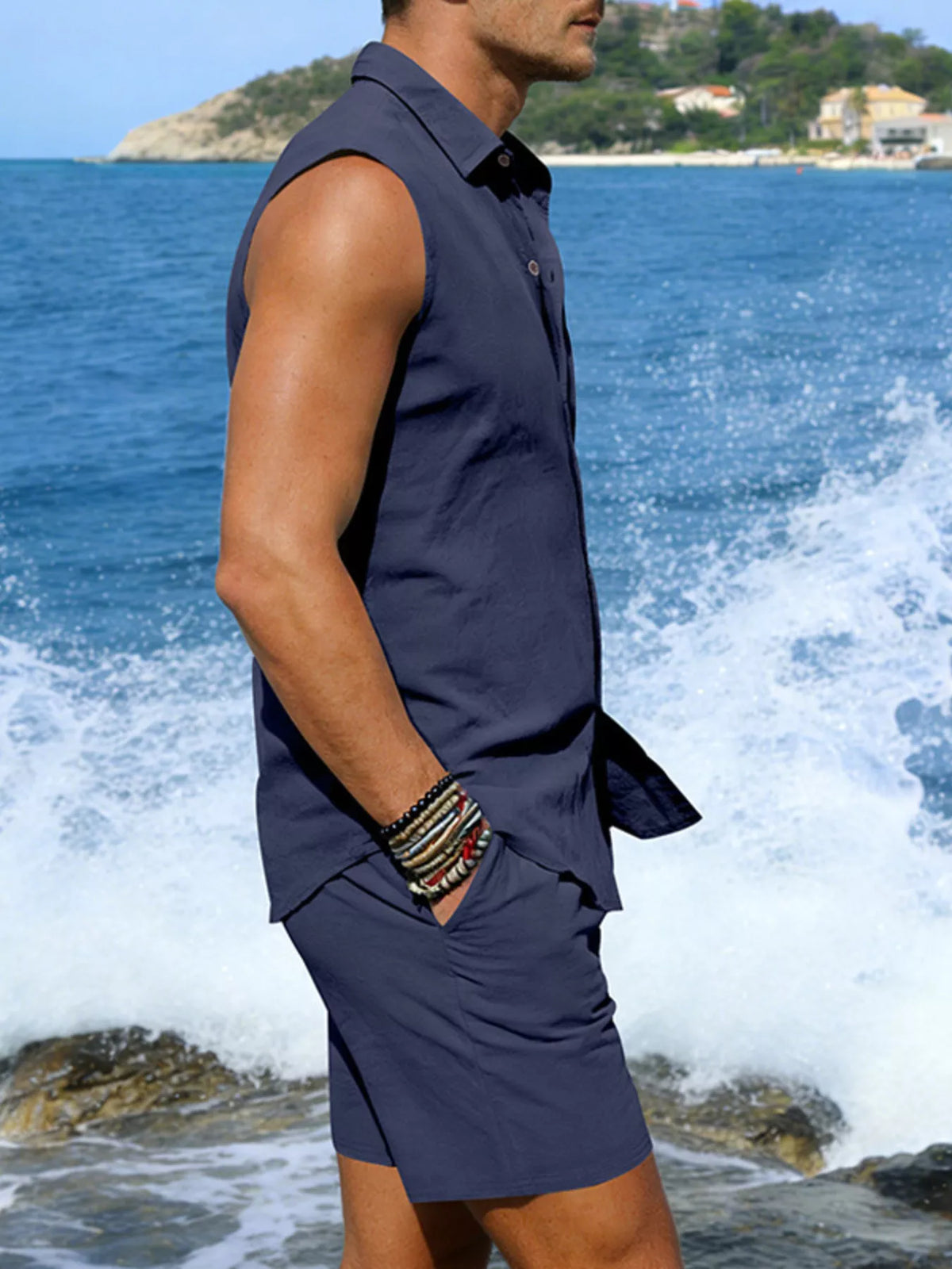 2-piece men's sleeveless button-up top and shorts set in navy, Trendsi, plus size