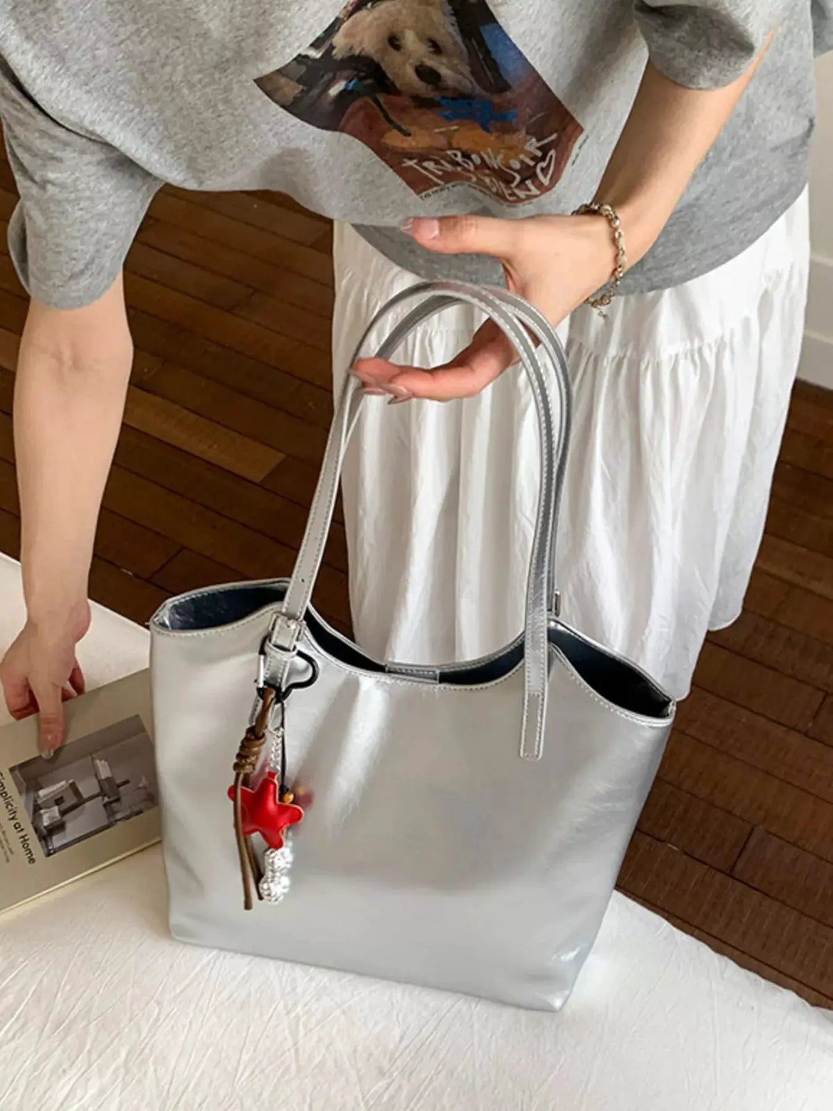 PU Leather Shoulder Bag in metallic silver with dual top handles
