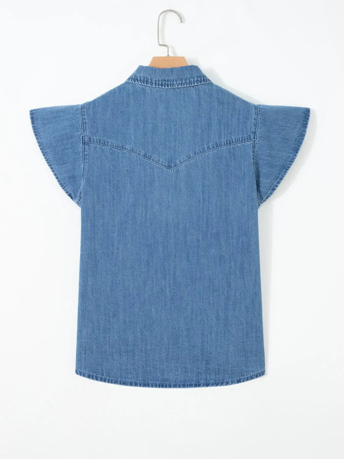 Women's blue denim button-up blouse with short flutter sleeves, back view showing a V-shaped yoke seam.