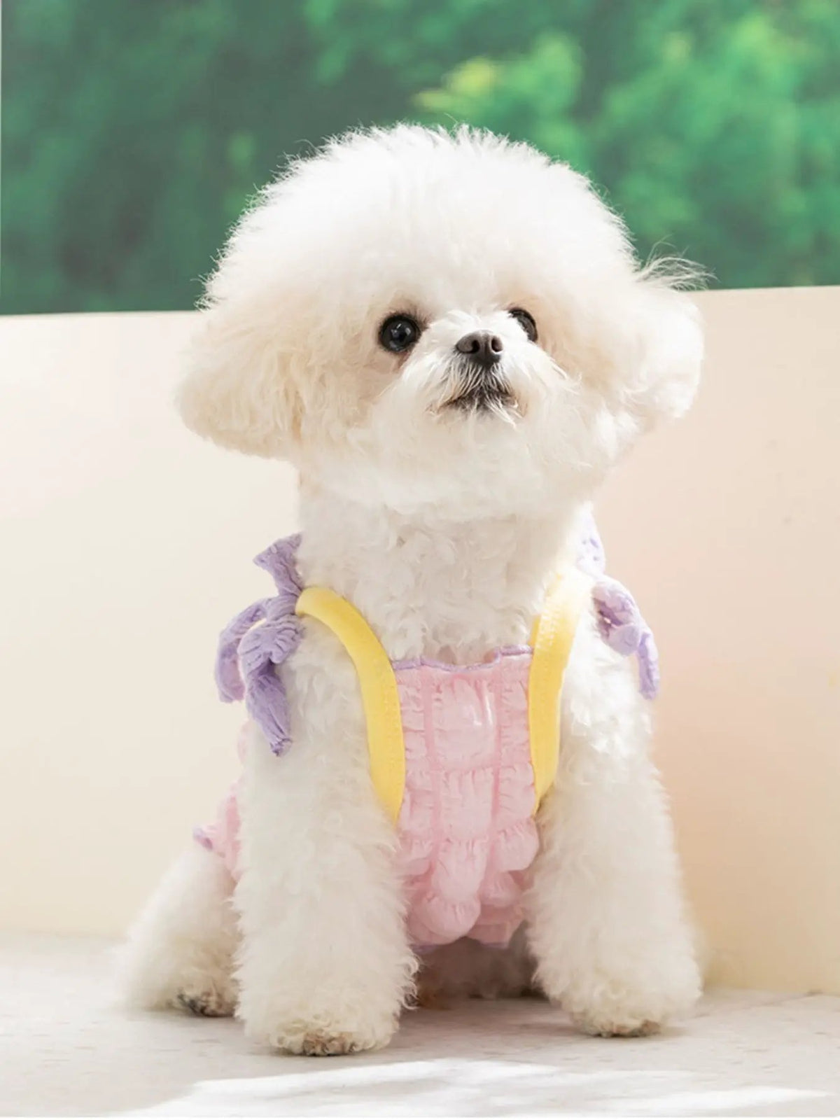 Bubble Textured Tie Shoulder Pet Top in pink with yellow straps.
