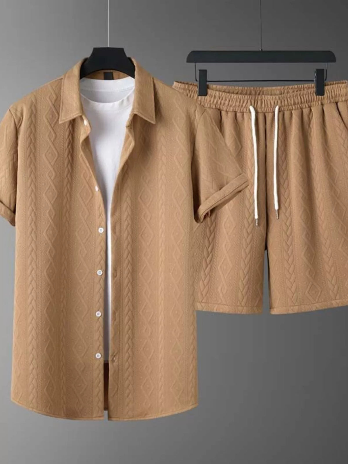 Men's textured knit polo shirt and matching shorts set in tan, Trendsi.