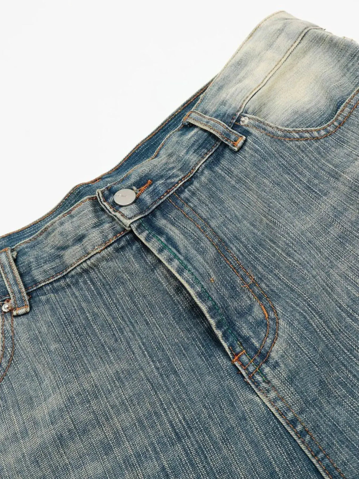 Mens washed blue wide-leg denim shorts with stretch and vintage detail