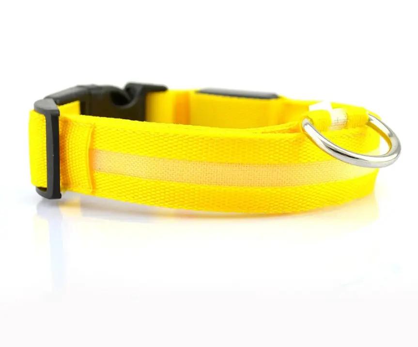 Nylon LED dog collar in bright yellow with reflective stripe and silver D-ring