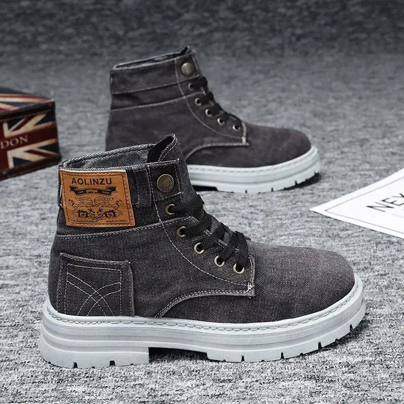 Pair of AdTec Velora high-top board shoes in dark gray denim with breathable cotton lining and white chunky soles