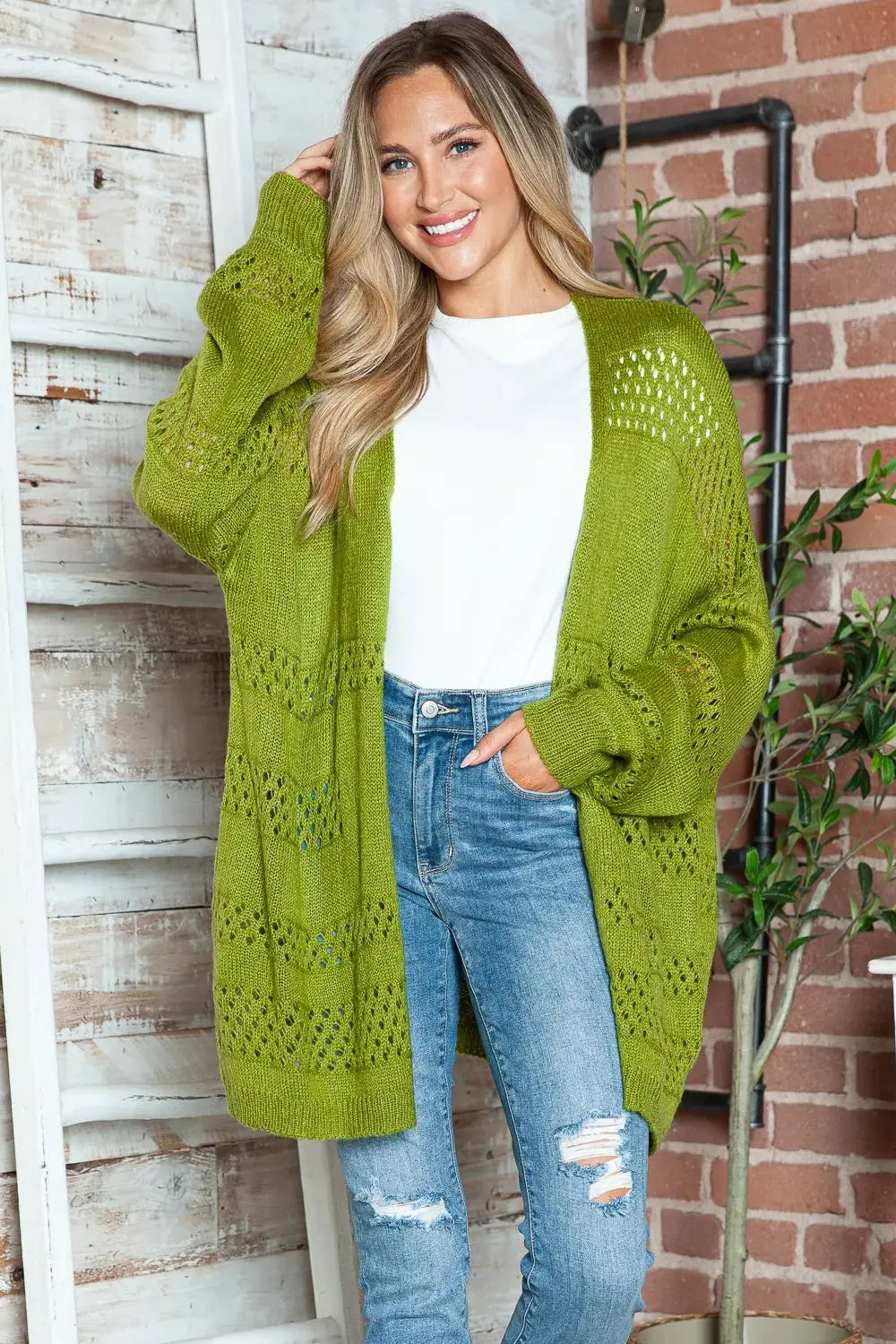 Openwork lime green acrylic cardigan, open-front, long sleeves, Trendsi