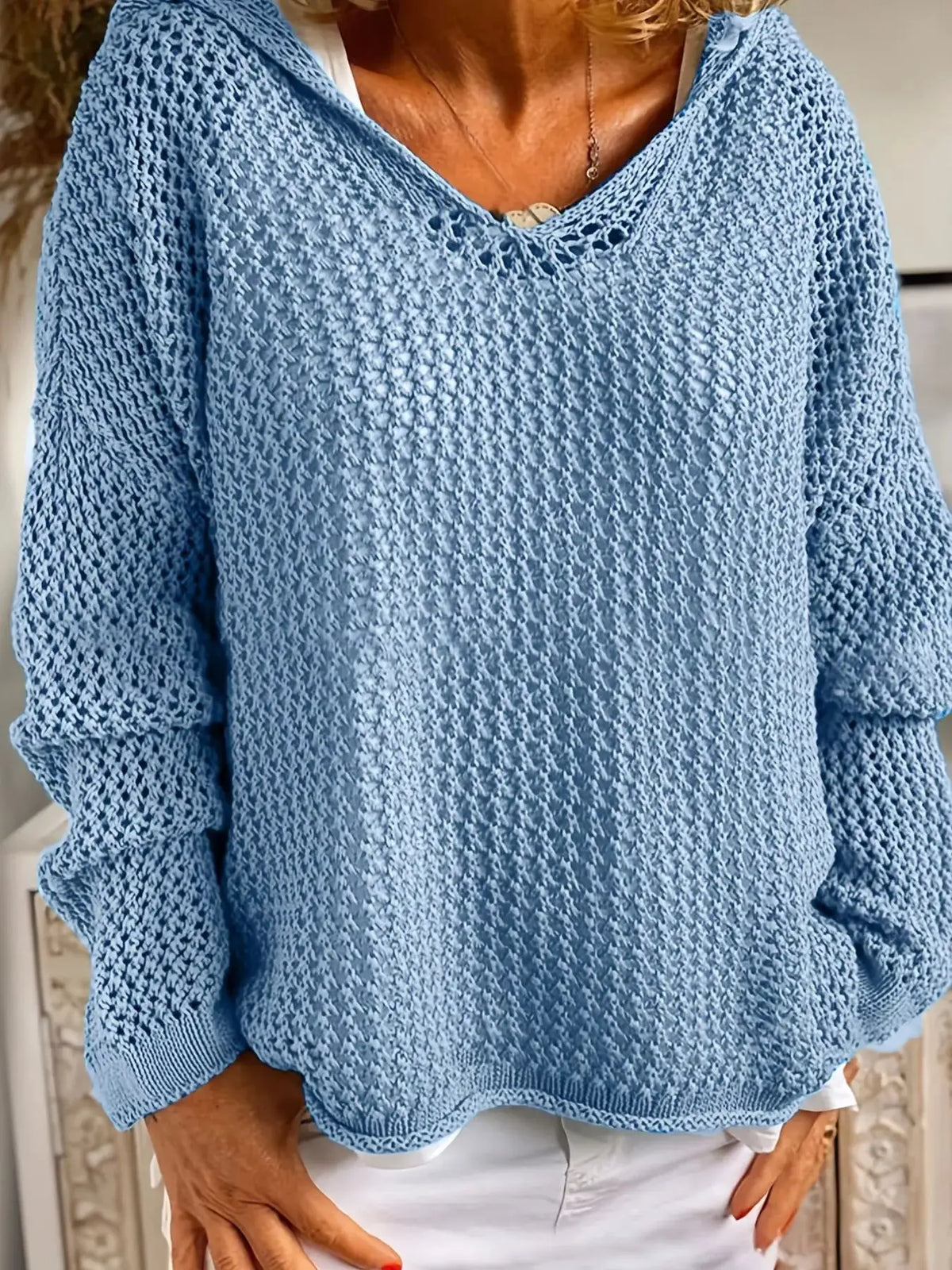 Openwork long-sleeve hooded knit beach cover-up in light blue by Trendsi