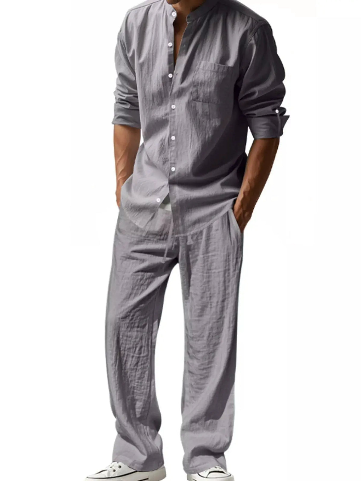 Men's casual linen-blend shirt and pants set, gray, Trendsi