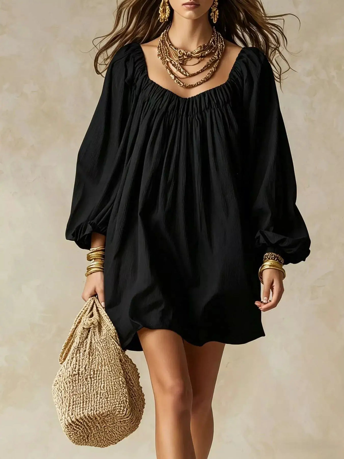 Flowy black balloon-sleeve mini dress with relaxed fit