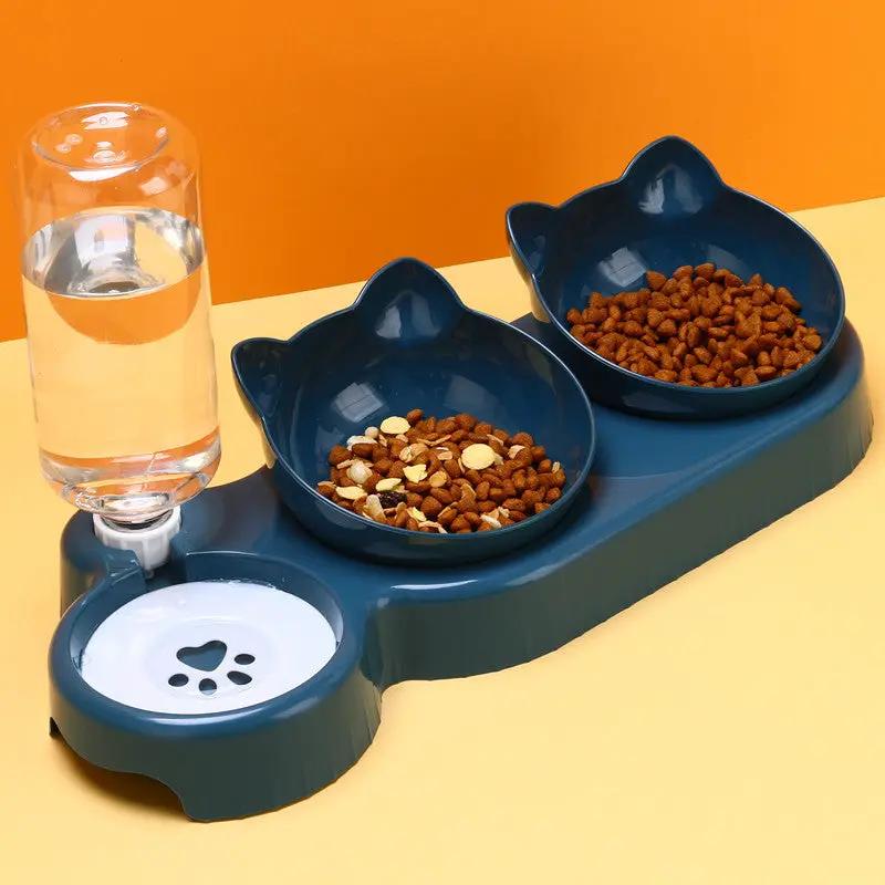 Food Basin Double Bowl pet feeder AdTec with two blue cat-ear bowls and water bottle on base