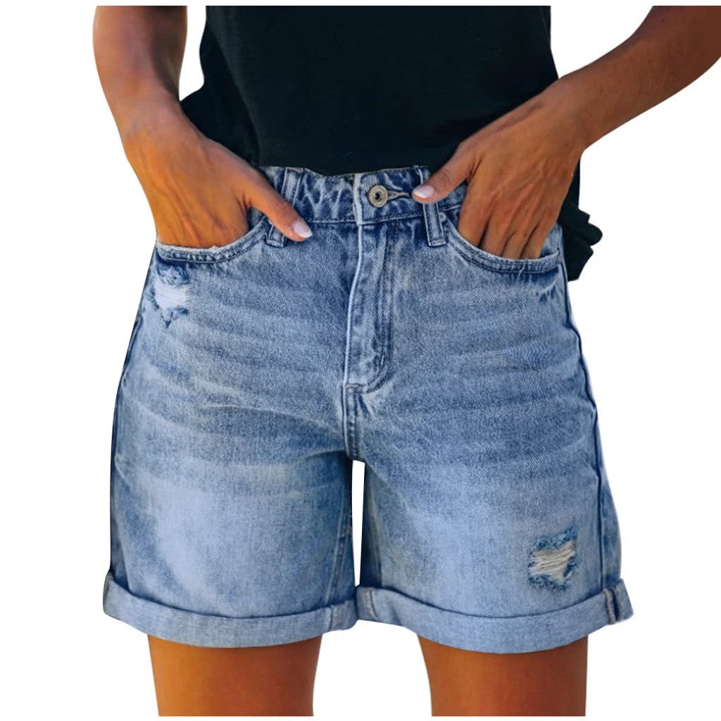 High-Waisted Fringed Distressed Denim Shorts for Women by eprolo
