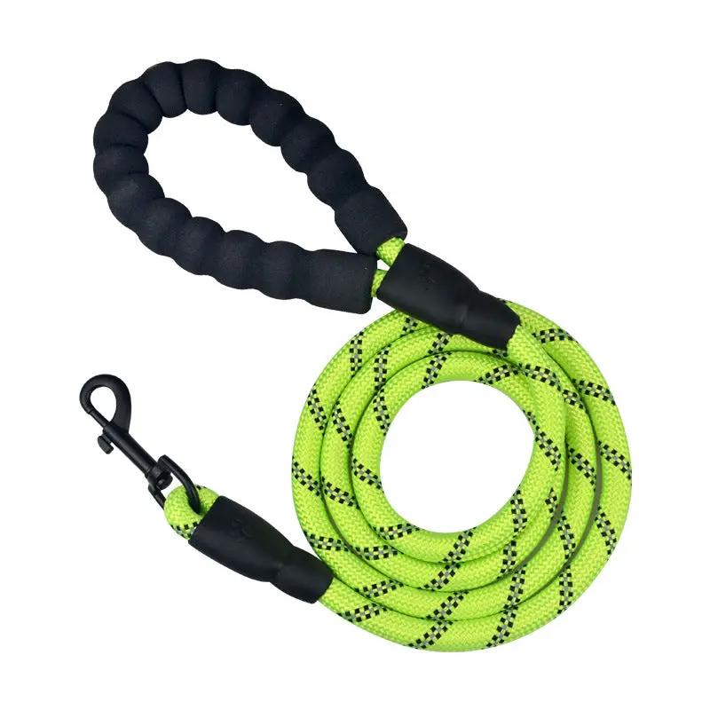 Durable dog reflective rope leash in neon yellow with black padded handle and carabiner clip