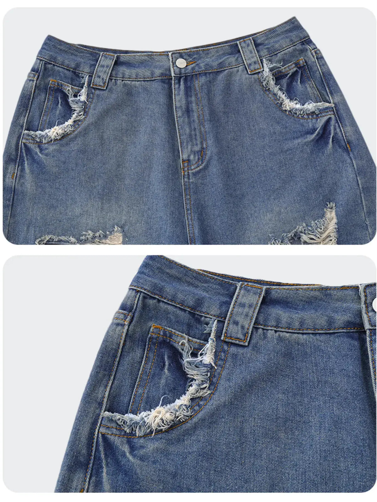 Mens oversized distressed denim shorts with stretch cotton pockets, blue denim by Trendsi.