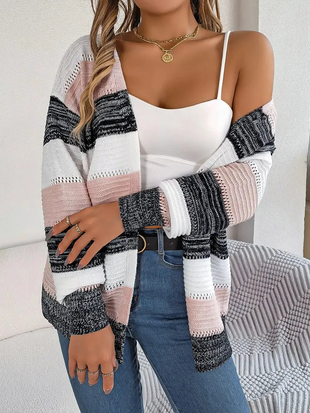 Openwork Striped Open Front Lightweight Relaxed Knit Cardigan by Trendsi; white, pink, black, gray knit.